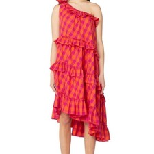 Gorman Dress Womens Size 12 Orange Purple Check Ruffle Tiered One Shoulder 