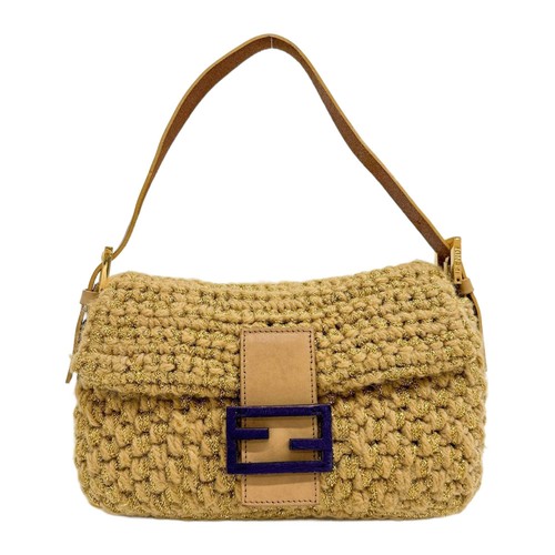 FENDI Baguette Gold Strass Knitted Camel Wool Shoulder Bag