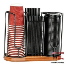 Coffee Cup and Lids Holder, Disposable Paper Cup Organizer with Wooden Base, 3