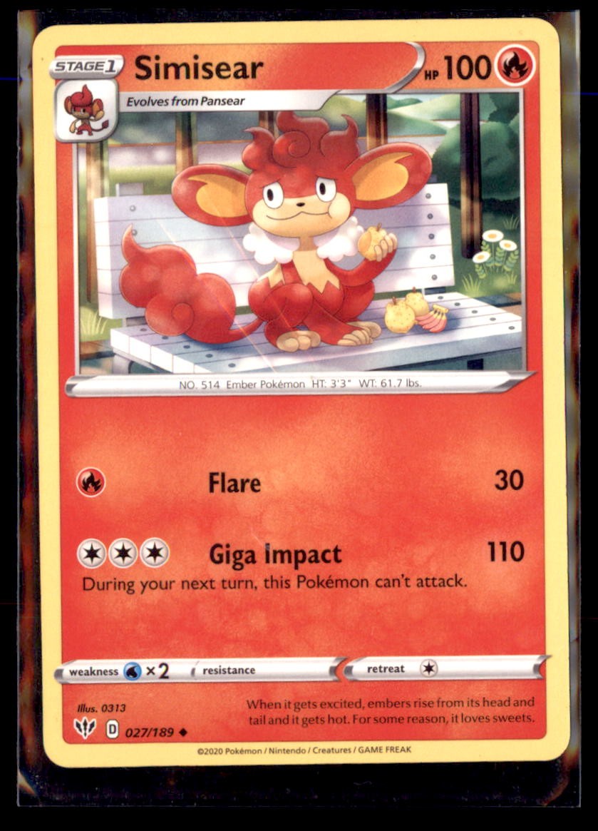 Pokemon Simisear 27/189 Darkness Ablaze Non Holo 5 Card Lot