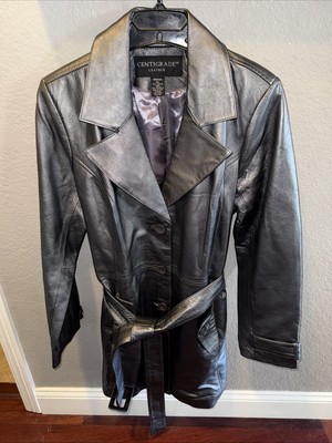 Vintage Metallic Centigrade 100% Leather Trench Coat Silver  Women s Size M