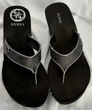 GUESS Womens Sandals Size 10 Black Sarraly Wedge Flip Flops Silver Accents