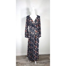 On Twelfth Floral Maxi Dress Navy Blue Sheer Long Sleeve V-Neck Boho Size L