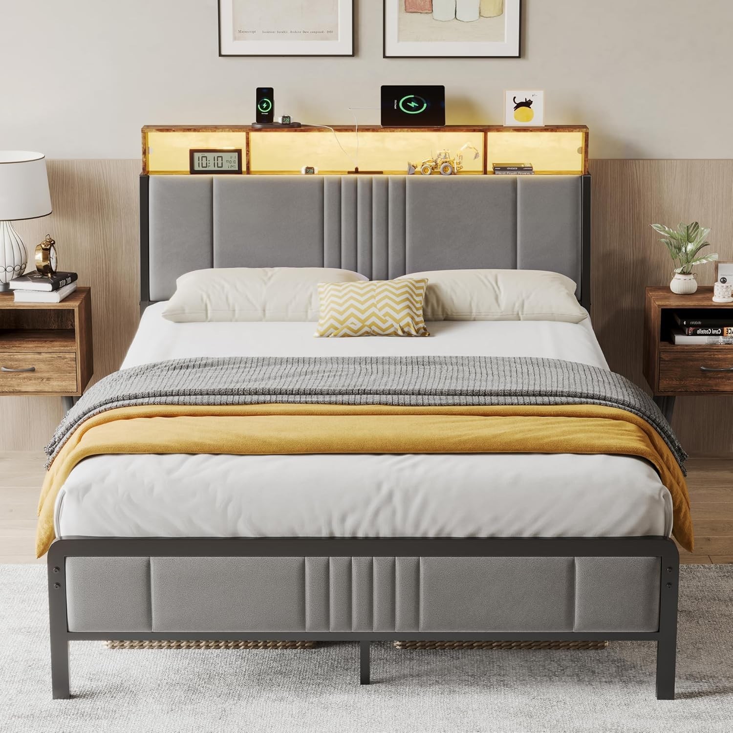 Twin Bed Frame with Headboard, Metal Platform Bed with 2-Tier Storage LED Lights