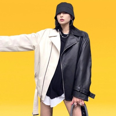 Womens Black & White Leather Jacket 100% Real Lambskin Oversize Biker Jacket-218