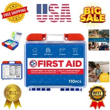 110 pc First Aid Kit: Clean, Treat, Protect Minor Cuts, Home, Office, Car, Sc...