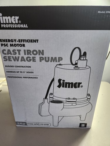 New Simer Pentair 3/4 HP Professional Series Cast Iron Sewage Pump 2" Solids