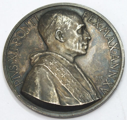 1953 Pope Pius XII Year of Pontification Silver Religious Art Medal Round - B667