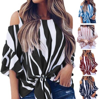 Womens Summer Cold Shoulder Tops Round Neck Shirts Tie Knot Casual Blouses Tops