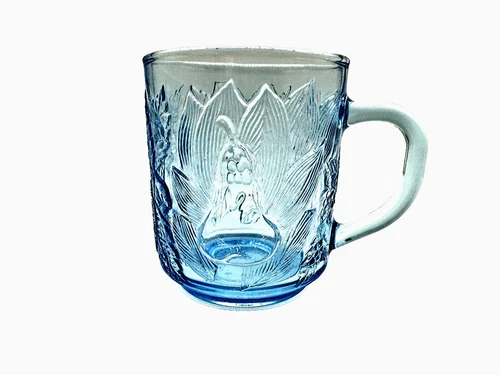 Vintage KIG Ice Blue Glass Coffee Tea Mug  Embossed Fruit D-Handle Indonesia
