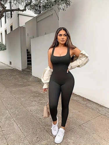 Solid Color Tight Sleeveless Vest With Square Neck Sexy Knitted Jumpsuit Pants S - 第 2/5 張圖片