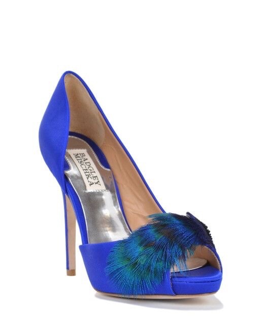 Badgley Mischka Piper Royal Blue Satin Peacock Feather Peep Toe High Heel  Pumps
