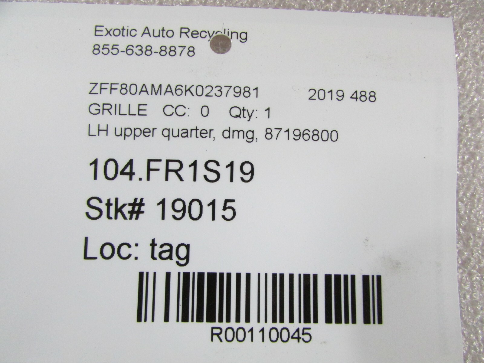 Ferrari 488 Spider, LH, Left Flank Air Inlet Duct, Used, P/N 87196800
