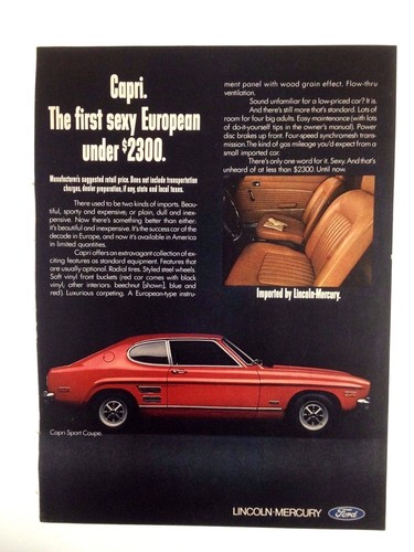 1971 Mercury Capri Automobile Original Print Ad Sexy European Car Red