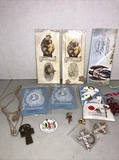 Lot Of Religious Items Cross Pins Keychains Rosary Angel Pins Necklace