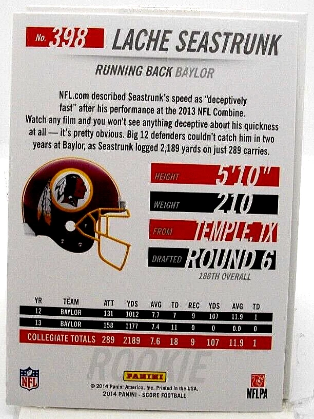 **LIQUIDATION** 2014 SCORE FOOTBALL LACHE SEASTRUNK RC SCORECARD PARALLEL # 398 - Image 2 of 2