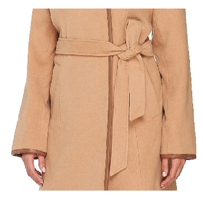 Dennis Basso Faux Wool Trench w/ Faux Leather Detail, Camel ,Size XXS, MSRP $170 - Изображение 4 из 4
