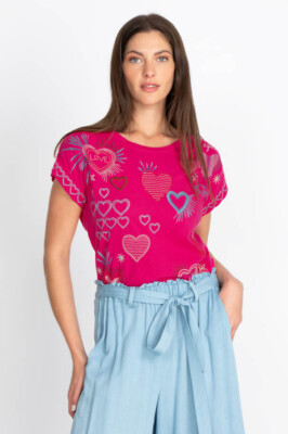 Johnny Was Amour SHORT SLEEVE Rose Violet Love White S Shirt Valentine Heart NEW