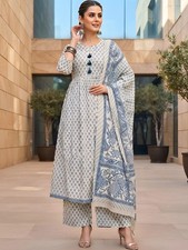 Indian Women Off-White Cotton Ethnic Printed A-Line Kurta With Palazzo  Dupatta