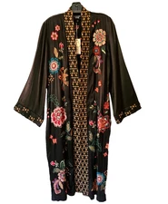 JOHNNY WAS SZ L MESSINE LONG EMBROIDERED KIMONO COAT BLACK Small Hole in Sleeve