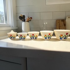 Fire King White Nesting Bowls with Red  Yellow Tulip Motif Five Piece Set
