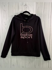 NWOT BEBE SPORT Black Pullover Hoodie Metallic Rose Logo Graphic, Large