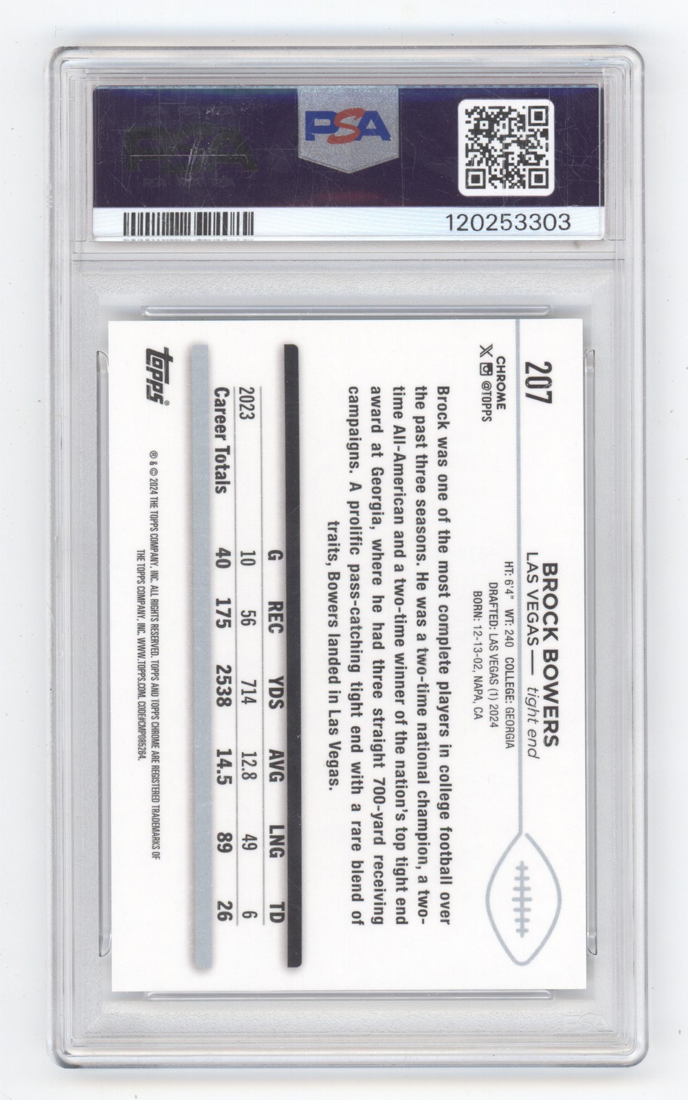 BROCK BOWERS 2024 TOPPS CHROME SAPPHIRE WHITE ROOKIE /15 PSA 10 RAIDERS Q1887 view 2
