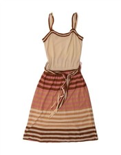 VINTAGE Womens Sleeveless A-Line Dress UK 10 Small Beige Striped Viscose CR10