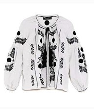 ZARA Women's Cream Black Embroidered Floral Cotton Jacket boho festival XS