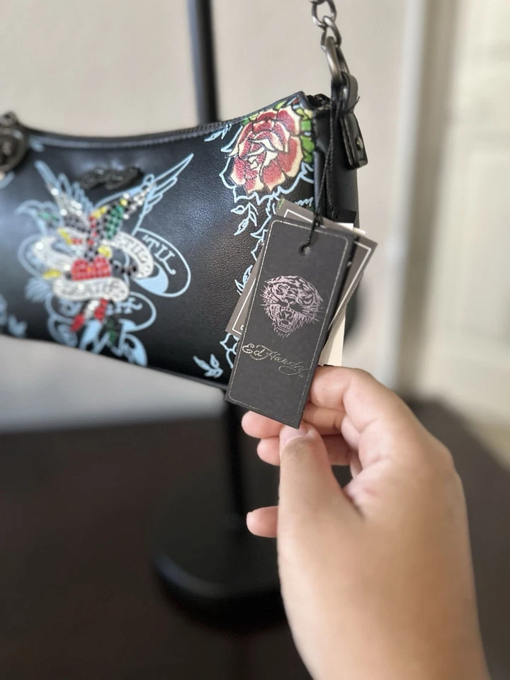 Bolso de Hombro Ed Hardy Cuero Negro Nuevo Sin Etiquetas Love Kills Foto 3 de 4