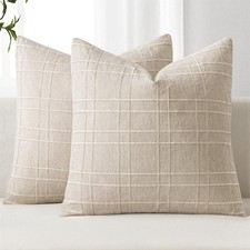 Decorative Linen Check Throw Pillow Covers Neutral Farmhouse Vintage Pillow C...