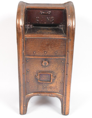 Vtg Diecast Metal US Mailbox Coin Bank Copper Finish 5.5" Tall No Stopper