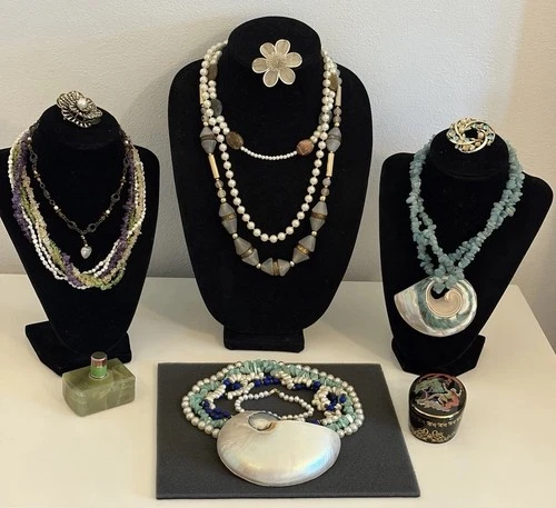 Vintage Real Pearls Some Costume Jewelry Shells Jade Boxes