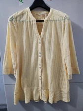 Soft Surroundings Top Womens L Yellow Pippa Button Up Woven Gauze Texture Peplum