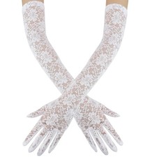 Tea Party Gloves - Long Lace Bridal  Wedding Gloves for Floral Costume White