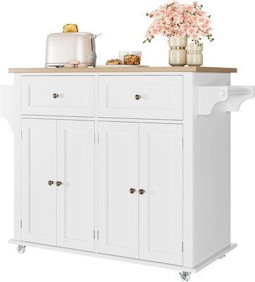 Rolling Kitchen Island Cart with Storage Drawer and Cabinet - White Wood Top