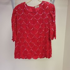 Vintage Valentines Red Sequin Sparkle 100 Silk Beaded Top W Sz M