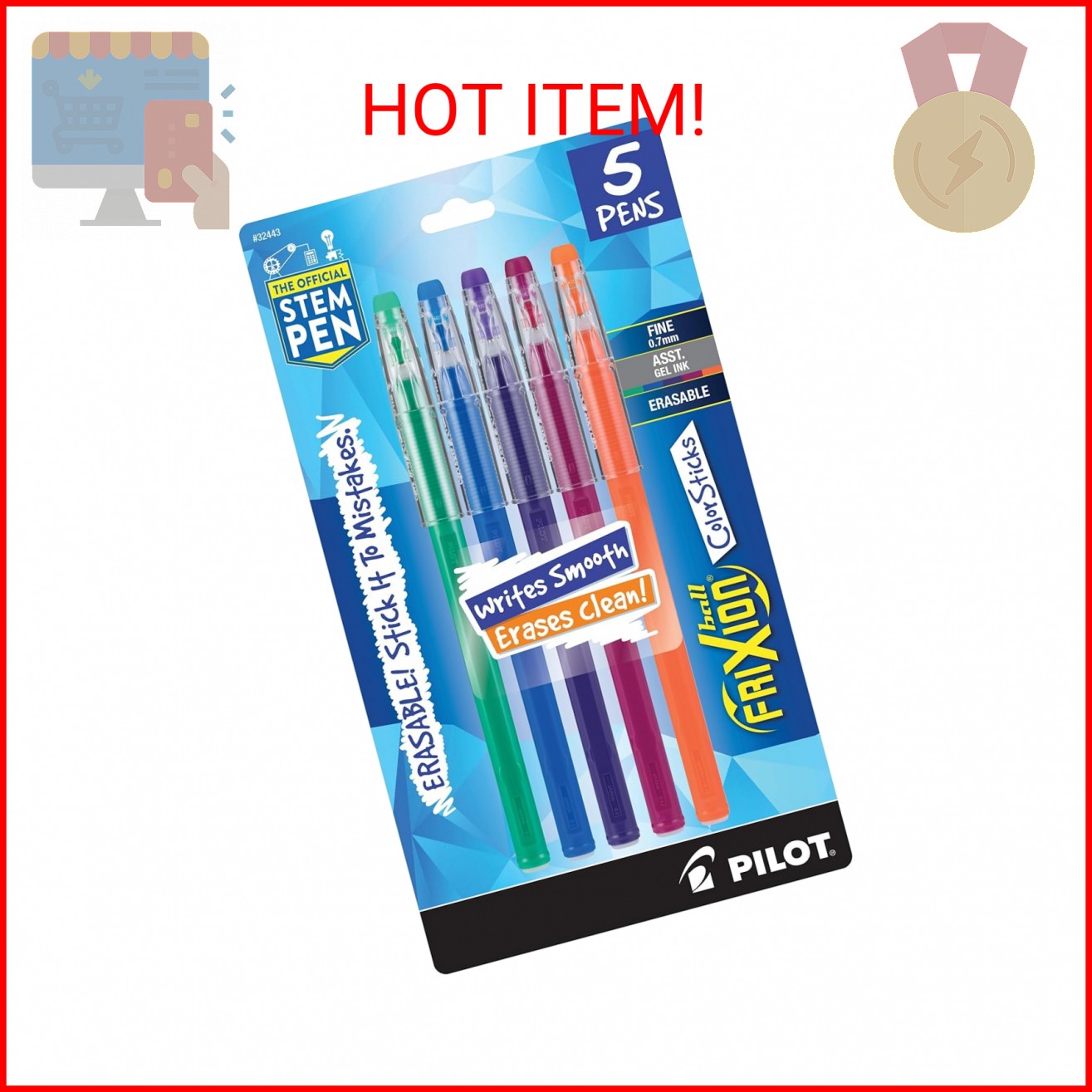 Pilot, FriXion ColorSticks Erasable Gel Ink Pens, Fine Point