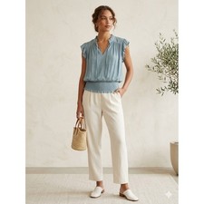 Joie Blue Ruffle V-Neck Smocked Waist Sleeveless Blouse XL