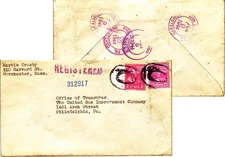 Massachusetts (Essex Sta.) Boston 1944 violet double ring  2c Adams and 25c McKi