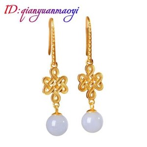 Authentic Natural Jade Bead Earrings Real Jewelry Gifts for Women Amulet 18K Gold Plated