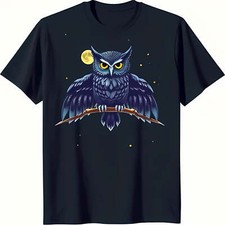 Stunning Black T-Shirt with Intricate Nocturnal Owl Graphic  Night Sky Design