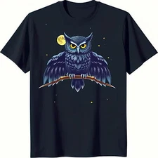 Stunning Black T-Shirt with Intricate Nocturnal Owl Graphic & Night Sky Design