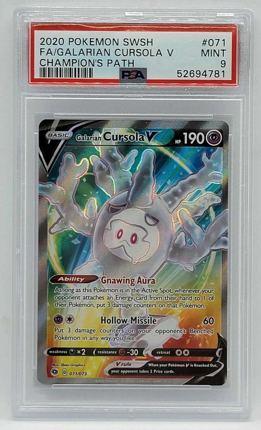 2020 Pokemon Champion's Path Full Art #71 - PSA Mint 9 - Galarian Cursola V