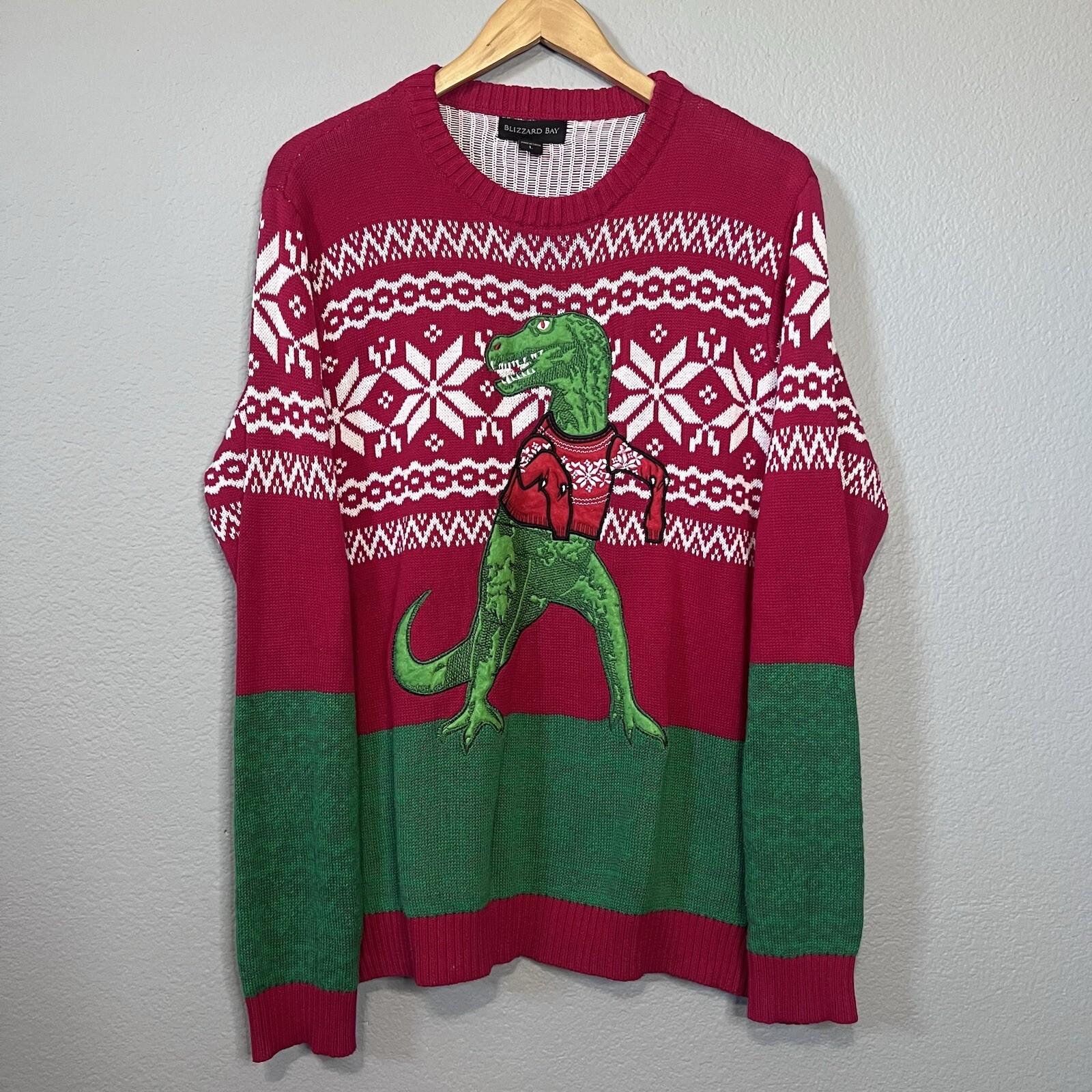 Blizzard Bay Ugly Christmas Sweater Green Dinosaur Red Long Sleeve Knit Size L