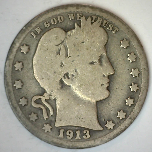 1913 Silver Barber Quarter Circulated GOOD 25c US Type Coin Philadelphia