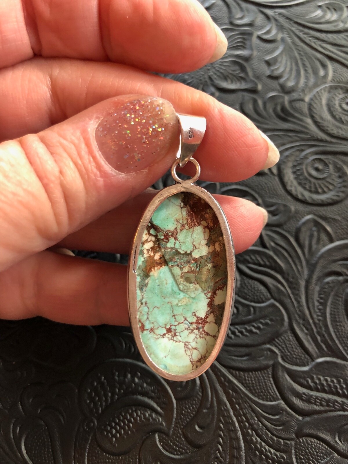 Turquoise Aqua Chocolate Web Shadow Pendant  2" Artisan Handmade