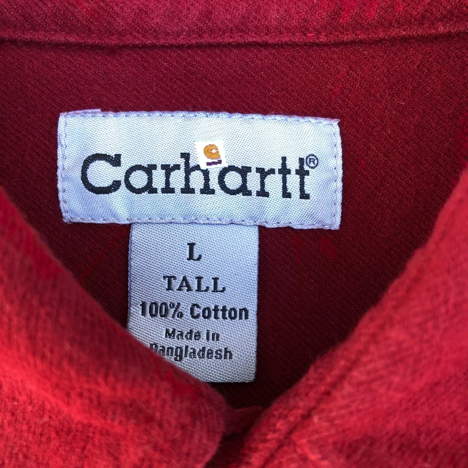 Мужская тяжелая однотонная фланелевая рабочая рубашка Carhartt S149 DKR темно-красная большой рост - Изображение 3 из 4