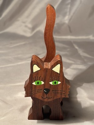 Vintage Whimsical Hand Carved Wooden cat Folk Art Mid Century Home Accent Shelf