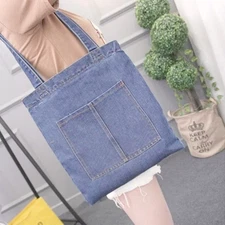 Denim Tote Bag Blue Jean Pocket Book Bag Casual Shoulder Bag